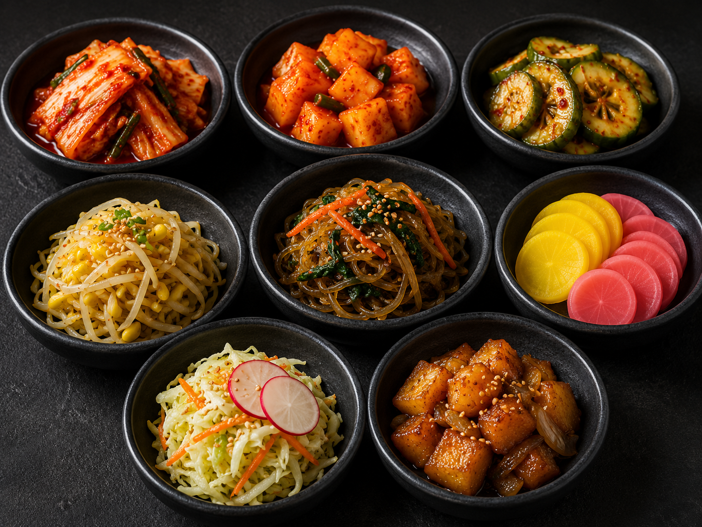 Banchan and japchae noodles from The Porky Korean